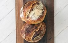 two loaves of homemade easy no-knead sourdough bread