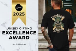 Award best food gift company for foodies by LuxLife UK for 2025. Award includes our foodie shirts, sourdough baking gifts and general food lovers merch.